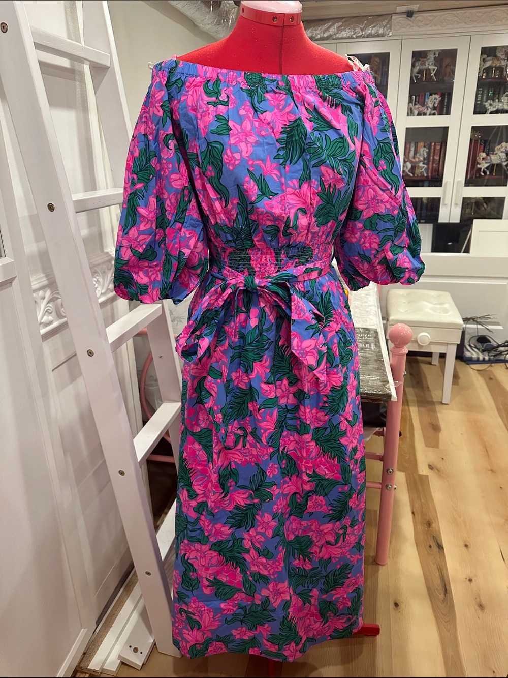 Lilly Pulitzer off -Shoulder Floral Midi Dress in Pink and Blue